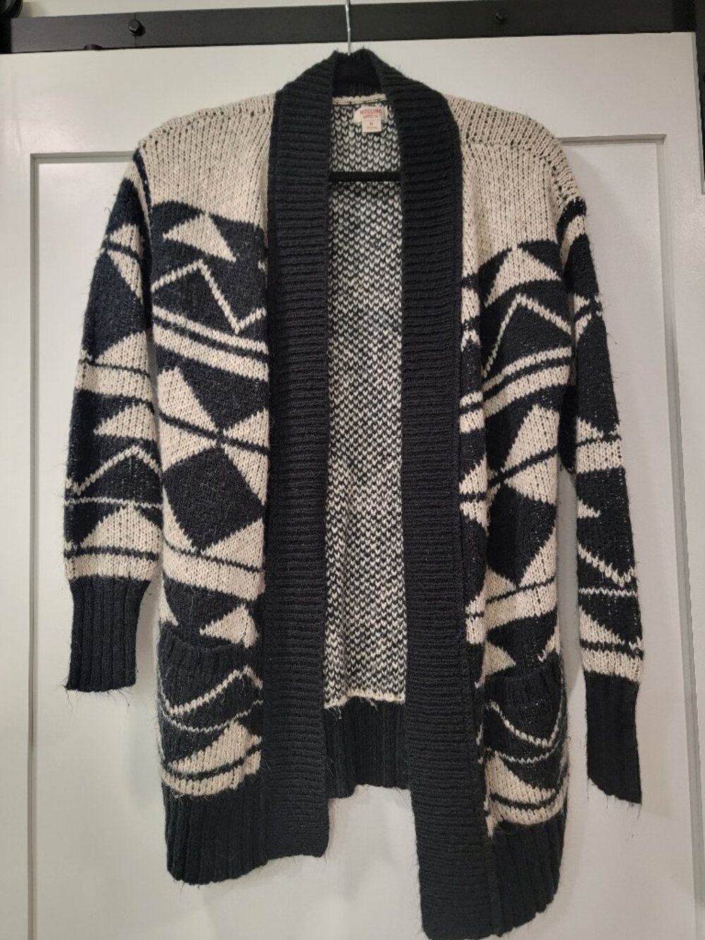 Mossimo Cardigan Beige Black Open Front Geometric Size M